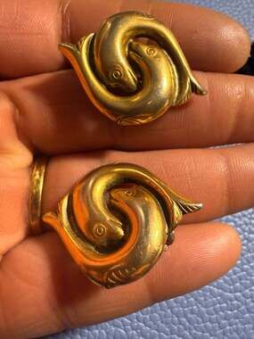 Vintage MMA Gold Tone Double Dolphin Clip-On Earrings